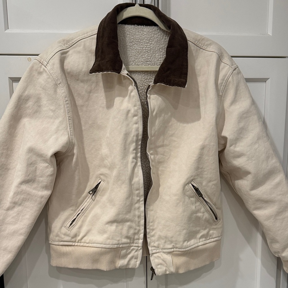 Women's 90’s Cream Bomber Jacket with Brown Collar